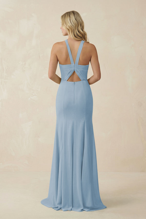 Halter Chiffon Mermaid Ruched Bridesmaid Dress in Dusty Blue - KissProm Bridesmaid Dresses
