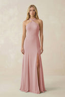 Halter Chiffon Mermaid Ruched Bridesmaid Dress in Dusty Rose - KissProm Bridesmaid Dresses