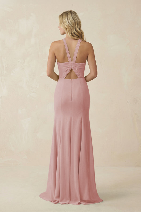 Halter Chiffon Mermaid Ruched Bridesmaid Dress in Dusty Rose - KissProm Bridesmaid Dresses