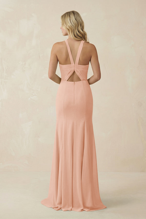 Halter Chiffon Mermaid Ruched Bridesmaid Dress in English Rose - KissProm Bridesmaid Dresses