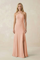 Halter Chiffon Mermaid Ruched Bridesmaid Dress in English Rose - KissProm Bridesmaid Dresses