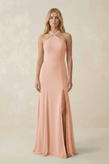 Halter Chiffon Mermaid Ruched Bridesmaid Dress in English Rose - KissProm Bridesmaid Dresses