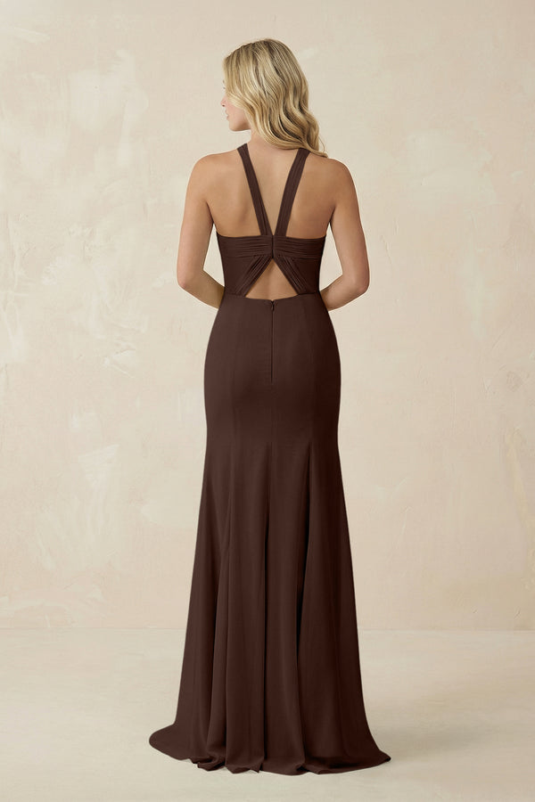 Halter Chiffon Mermaid Ruched Bridesmaid Dress in Espresso - KissProm Bridesmaid Dresses