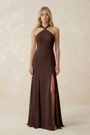 Halter Chiffon Mermaid Ruched Bridesmaid Dress in Espresso - KissProm Bridesmaid Dresses