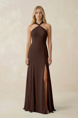 Halter Chiffon Mermaid Ruched Bridesmaid Dress in Espresso - KissProm Bridesmaid Dresses