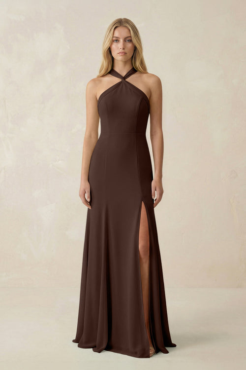 Halter Chiffon Mermaid Ruched Bridesmaid Dress in Espresso - KissProm Bridesmaid Dresses