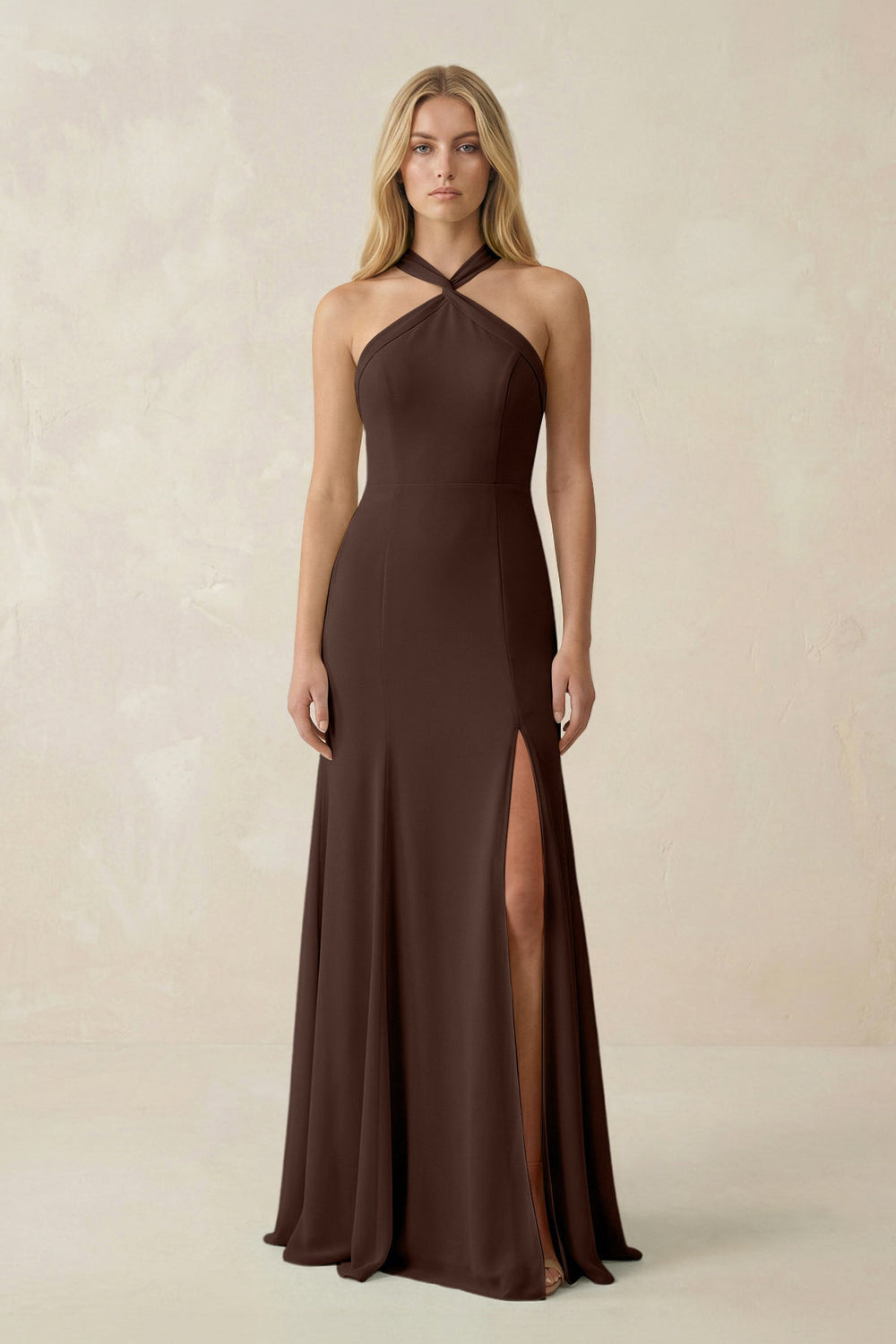 Halter Chiffon Mermaid Ruched Bridesmaid Dress in Espresso - KissProm Bridesmaid Dresses