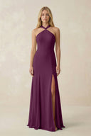 Halter Chiffon Mermaid Ruched Bridesmaid Dress in Fig - KissProm Bridesmaid Dresses