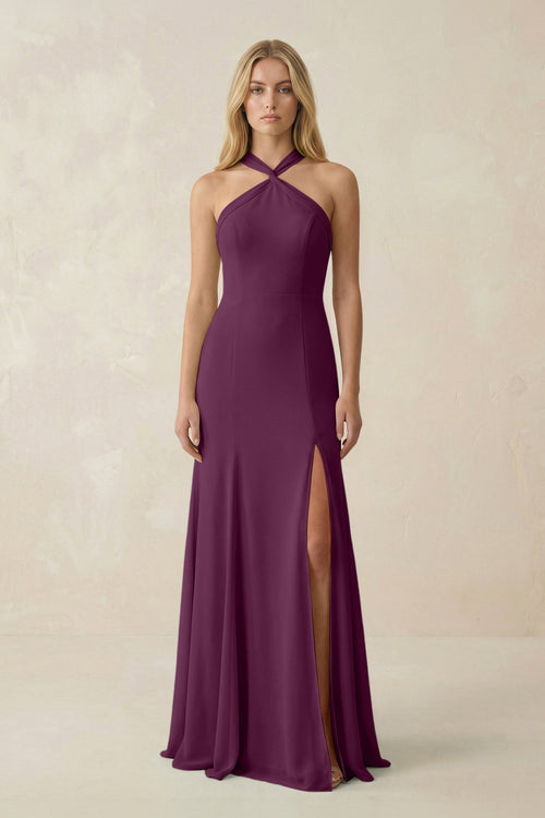 Halter Chiffon Mermaid Ruched Bridesmaid Dress in Fig - KissProm Bridesmaid Dresses