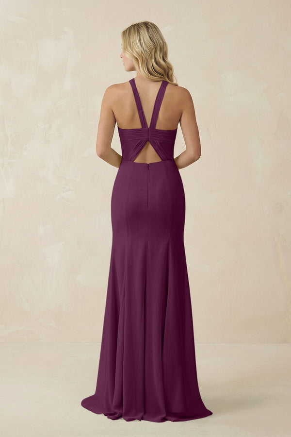 Halter Chiffon Mermaid Ruched Bridesmaid Dress in Fig - KissProm Bridesmaid Dresses