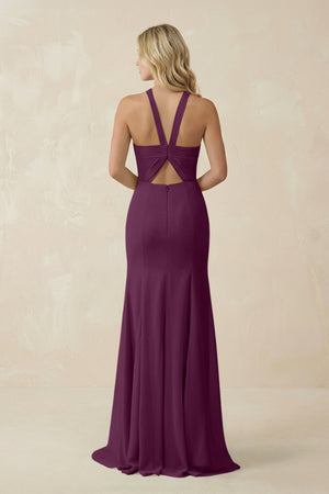 Halter Chiffon Mermaid Ruched Bridesmaid Dress in Fig - KissProm Bridesmaid Dresses