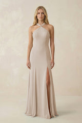 Halter Chiffon Mermaid Ruched Bridesmaid Dress in Frost - KissProm Bridesmaid Dresses