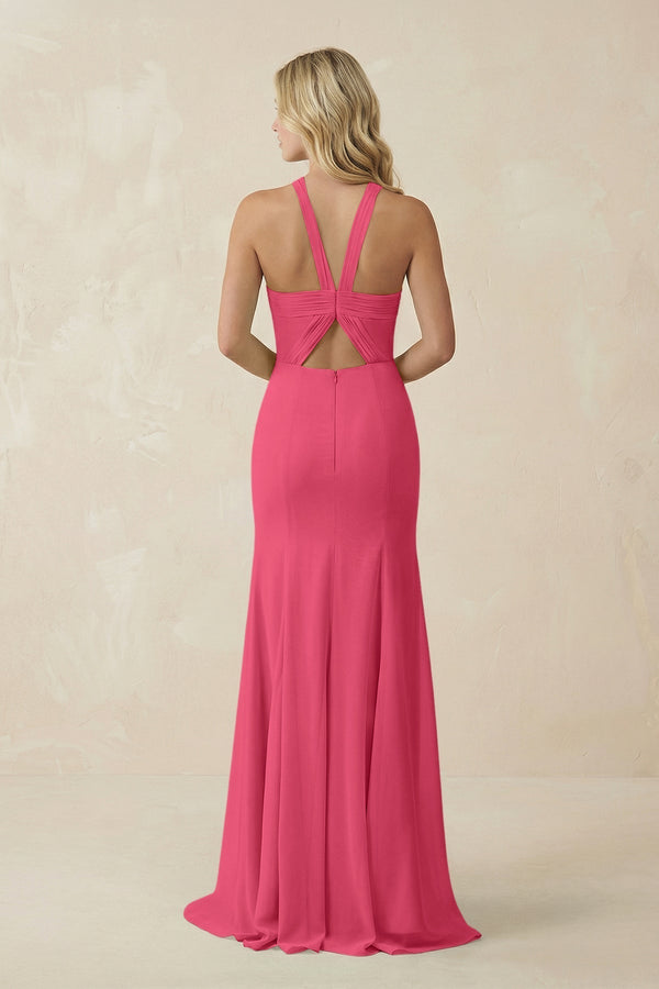Halter Chiffon Mermaid Ruched Bridesmaid Dress in Fuchsia - KissProm Bridesmaid Dresses
