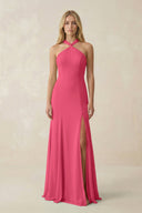 Halter Chiffon Mermaid Ruched Bridesmaid Dress in Fuchsia - KissProm Bridesmaid Dresses