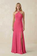Halter Chiffon Mermaid Ruched Bridesmaid Dress in Fuchsia - KissProm Bridesmaid Dresses