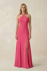 Halter Chiffon Mermaid Ruched Bridesmaid Dress in Fuchsia - KissProm Bridesmaid Dresses