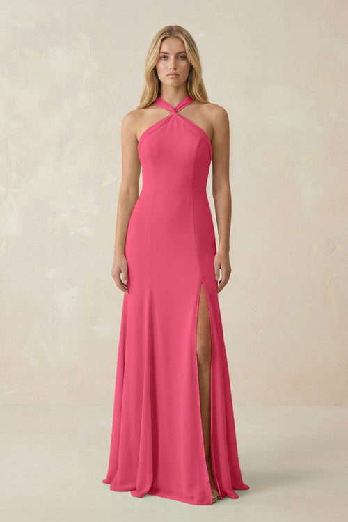 Halter Chiffon Mermaid Ruched Bridesmaid Dress in Fuchsia - KissProm Bridesmaid Dresses