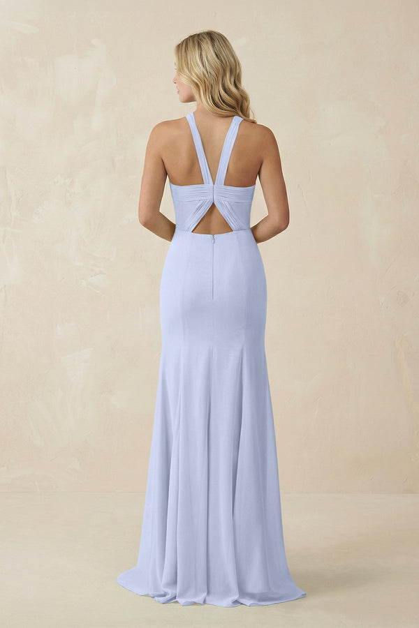 Halter Chiffon Mermaid Ruched Bridesmaid Dress in Ice - KissProm Bridesmaid Dresses