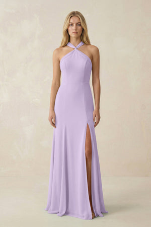 Halter Chiffon Mermaid Ruched Bridesmaid Dress in Lavender - KissProm Bridesmaid Dresses