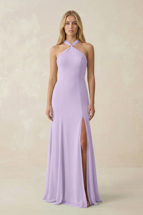 Halter Chiffon Mermaid Ruched Bridesmaid Dress in Lavender - KissProm Bridesmaid Dresses