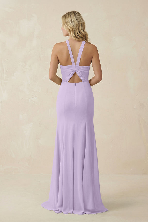 Halter Chiffon Mermaid Ruched Bridesmaid Dress in Lavender - KissProm Bridesmaid Dresses