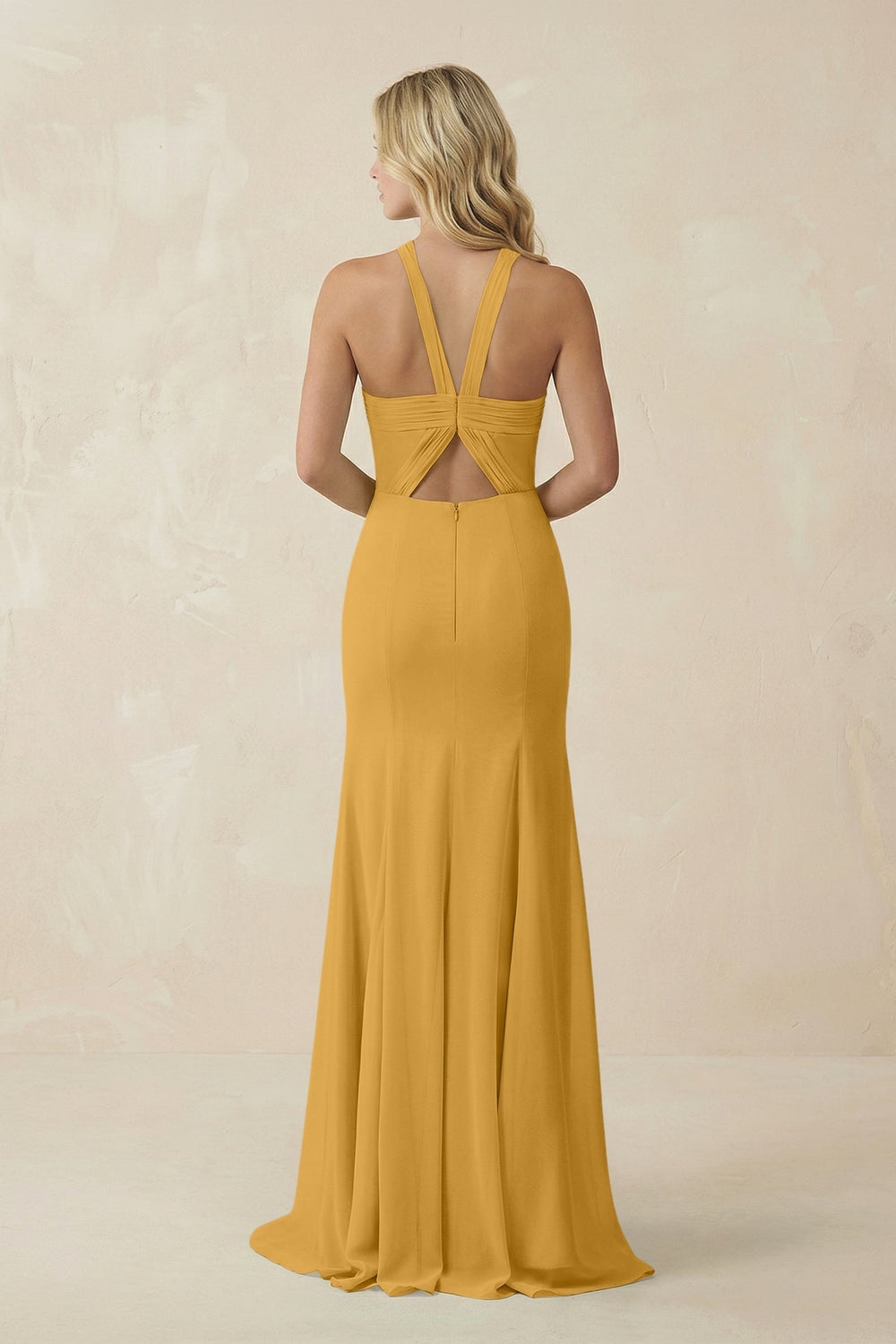 Halter Chiffon Mermaid Ruched Bridesmaid Dress in Marigold - KissProm Bridesmaid Dresses