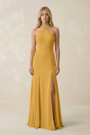 Halter Chiffon Mermaid Ruched Bridesmaid Dress in Marigold - KissProm Bridesmaid Dresses