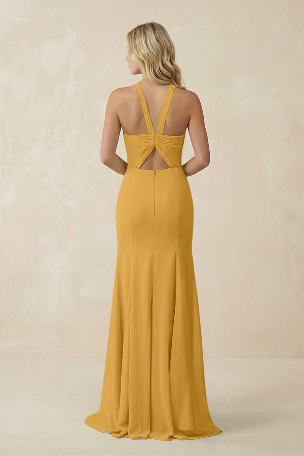 Halter Chiffon Mermaid Ruched Bridesmaid Dress in Marigold - KissProm Bridesmaid Dresses