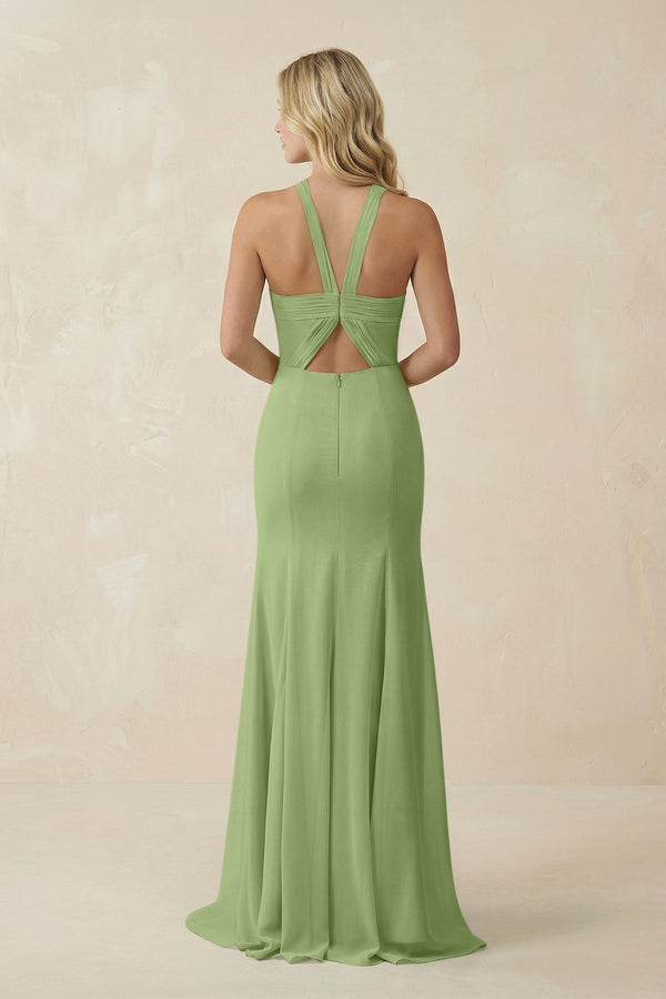 Halter Chiffon Mermaid Ruched Bridesmaid Dress in Matcha - KissProm Bridesmaid Dresses