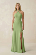 Halter Chiffon Mermaid Ruched Bridesmaid Dress in Matcha - KissProm Bridesmaid Dresses
