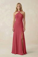Halter Chiffon Mermaid Ruched Bridesmaid Dress in Merlot - KissProm Bridesmaid Dresses