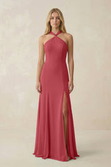 Halter Chiffon Mermaid Ruched Bridesmaid Dress in Merlot - KissProm Bridesmaid Dresses