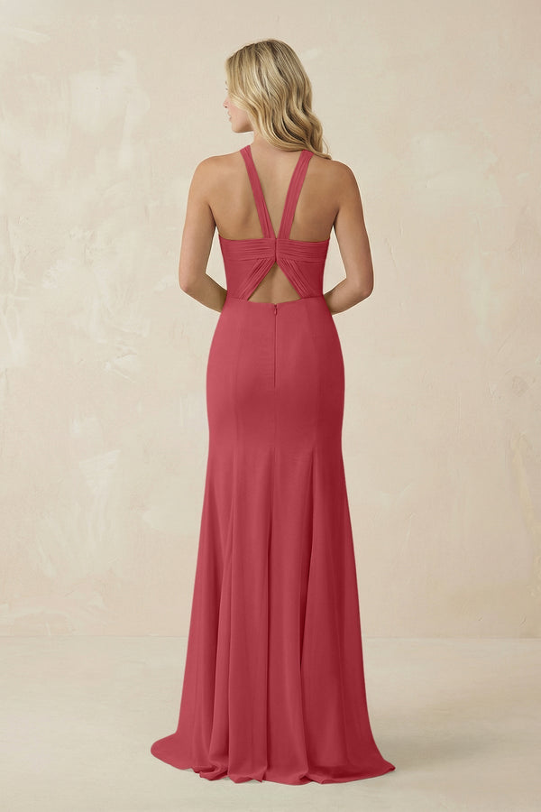 Halter Chiffon Mermaid Ruched Bridesmaid Dress in Merlot - KissProm Bridesmaid Dresses