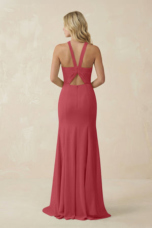 Halter Chiffon Mermaid Ruched Bridesmaid Dress in Merlot - KissProm Bridesmaid Dresses
