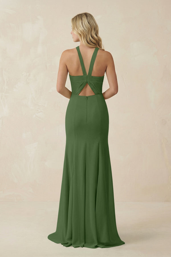 Halter Chiffon Mermaid Ruched Bridesmaid Dress in Moss - KissProm Bridesmaid Dresses