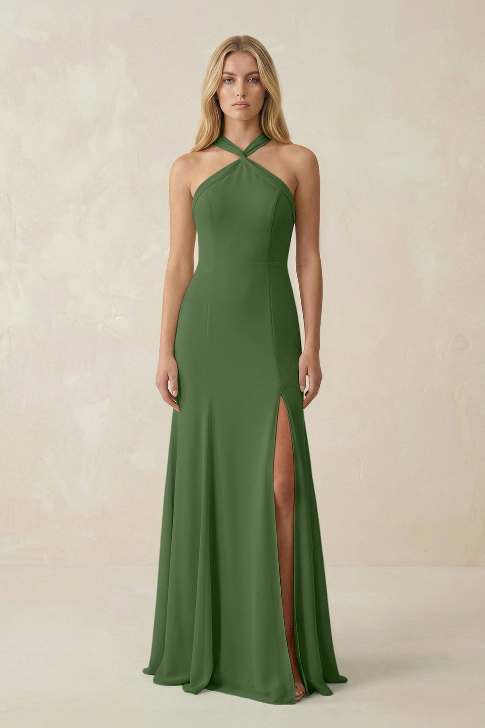 Halter Chiffon Mermaid Ruched Bridesmaid Dress in Moss - KissProm Bridesmaid Dresses