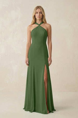 Halter Chiffon Mermaid Ruched Bridesmaid Dress in Moss - KissProm Bridesmaid Dresses