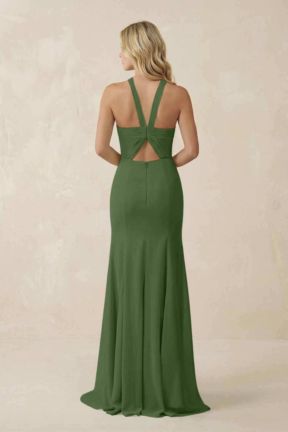 Halter Chiffon Mermaid Ruched Bridesmaid Dress in Moss - KissProm Bridesmaid Dresses