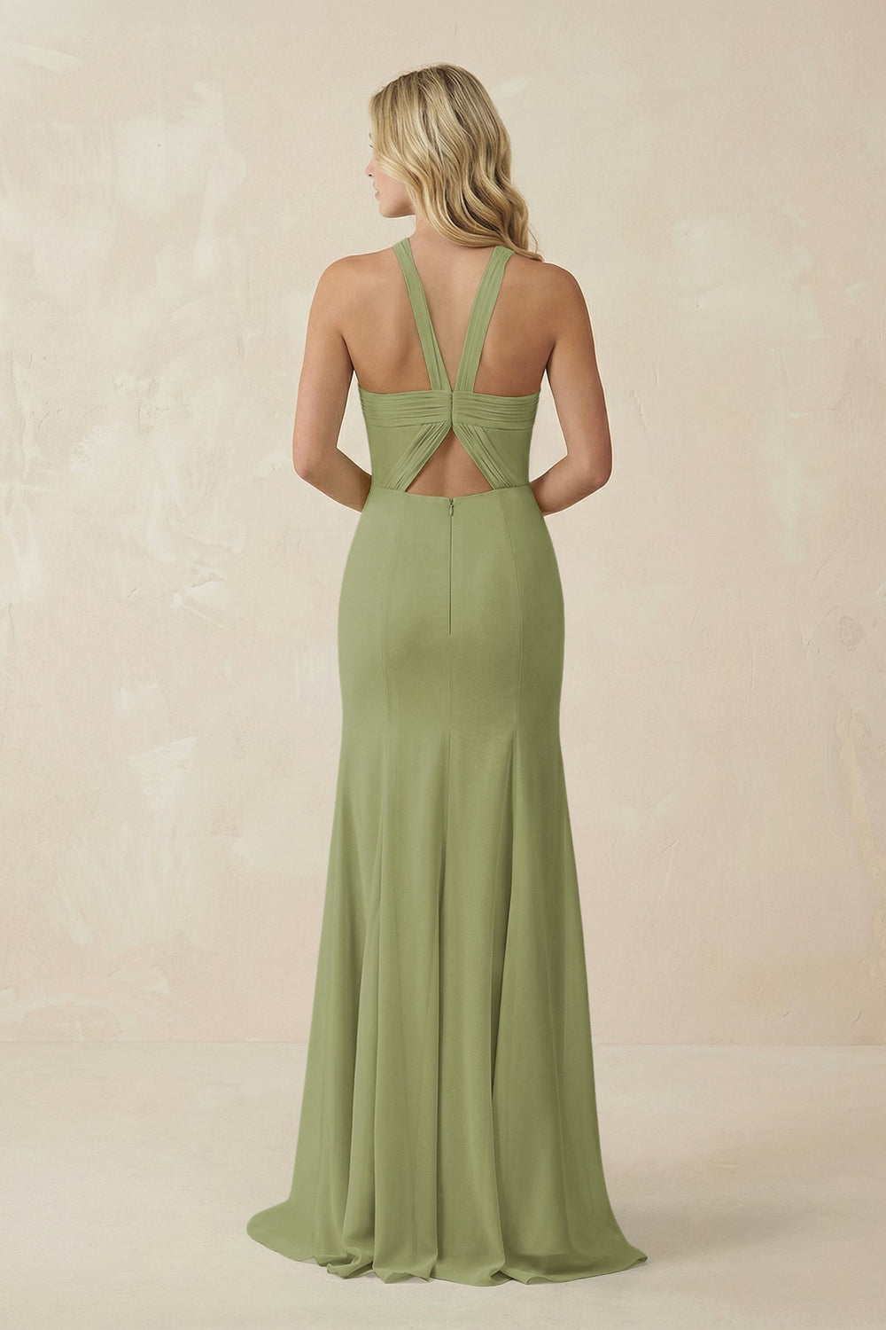 Halter Chiffon Mermaid Ruched Bridesmaid Dress in Moss Green - KissProm Bridesmaid Dresses