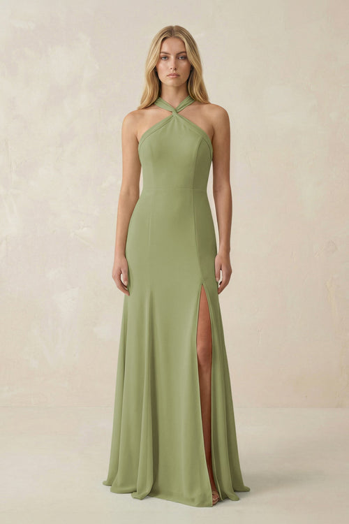 Halter Chiffon Mermaid Ruched Bridesmaid Dress in Moss Green - KissProm Bridesmaid Dresses