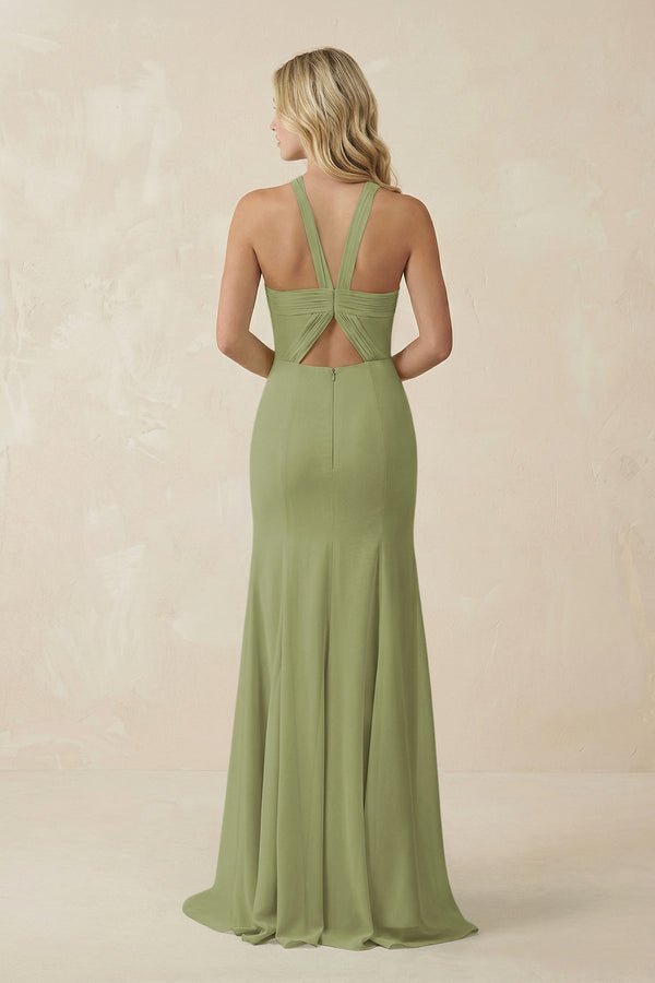 Halter Chiffon Mermaid Ruched Bridesmaid Dress in Moss Green - KissProm Bridesmaid Dresses