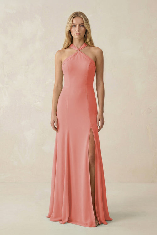 Halter Chiffon Mermaid Ruched Bridesmaid Dress in Mulberry - KissProm Bridesmaid Dresses