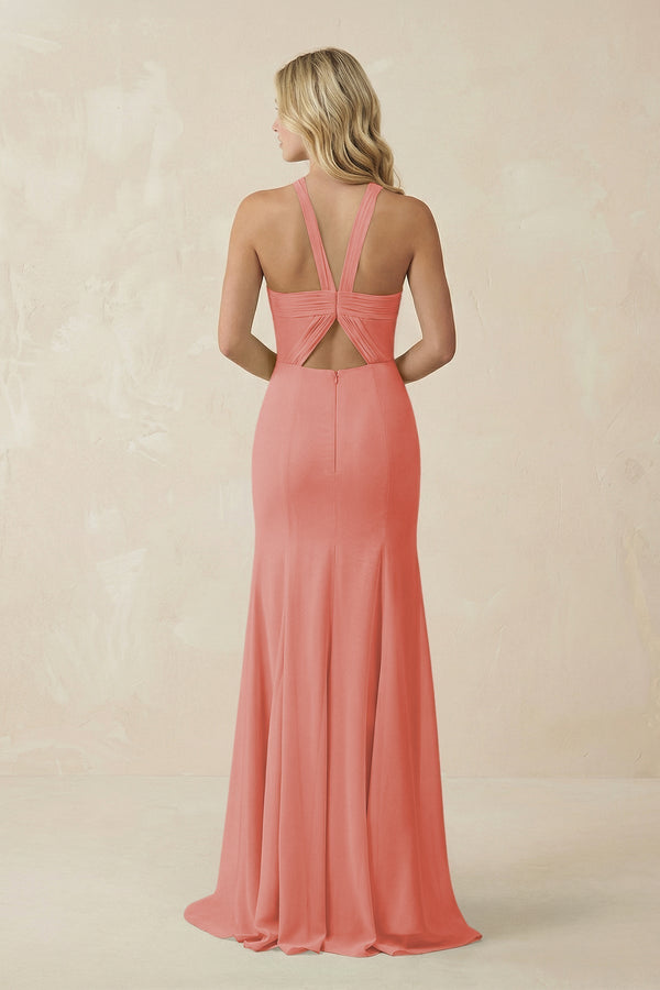 Halter Chiffon Mermaid Ruched Bridesmaid Dress in Mulberry - KissProm Bridesmaid Dresses