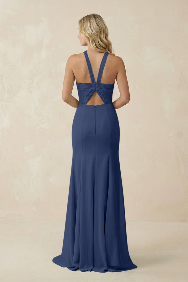 Halter Chiffon Mermaid Ruched Bridesmaid Dress in Navy - KissProm Bridesmaid Dresses
