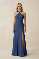 Halter Chiffon Mermaid Ruched Bridesmaid Dress in Navy - KissProm Bridesmaid Dresses