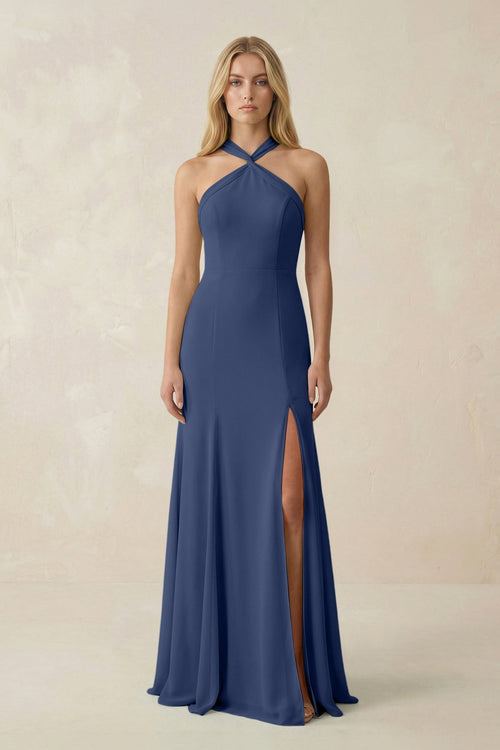 Halter Chiffon Mermaid Ruched Bridesmaid Dress in Navy - KissProm Bridesmaid Dresses