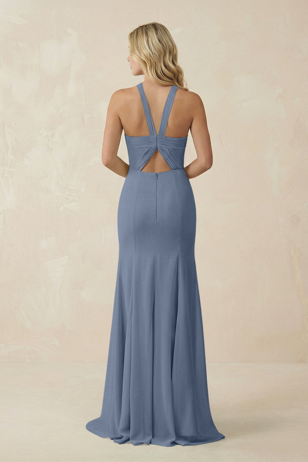 Halter Chiffon Mermaid Ruched Bridesmaid Dress in Neptune - KissProm Bridesmaid Dresses