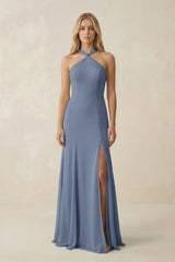 Halter Chiffon Mermaid Ruched Bridesmaid Dress in Neptune - KissProm Bridesmaid Dresses