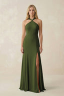 Halter Chiffon Mermaid Ruched Bridesmaid Dress in Olive - KissProm Bridesmaid Dresses