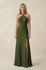 Halter Chiffon Mermaid Ruched Bridesmaid Dress in Olive - KissProm Bridesmaid Dresses